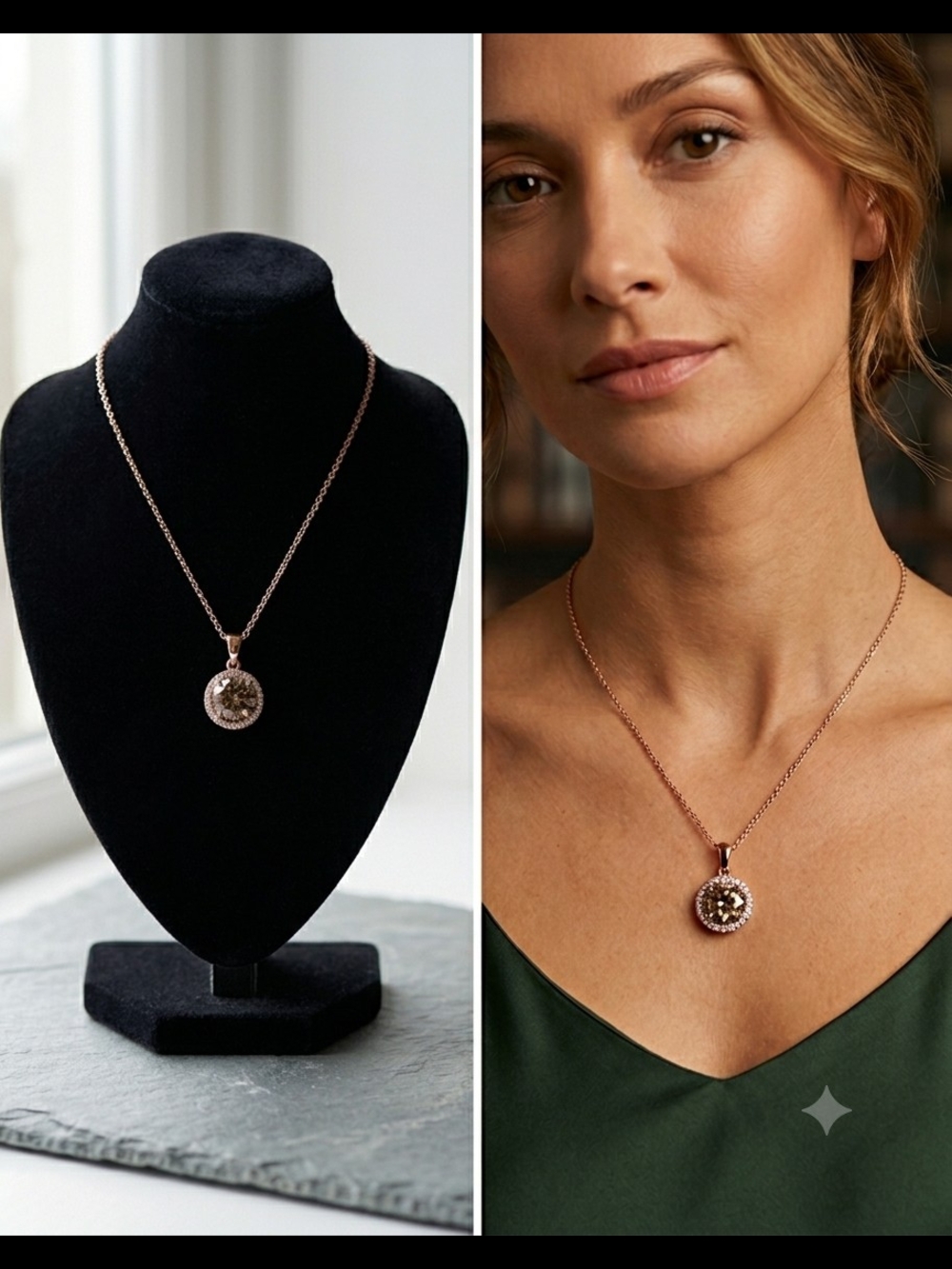 Rocks Rose Gold Halo Sunburst Pendant Necklace Elegant Everyday Sparkle